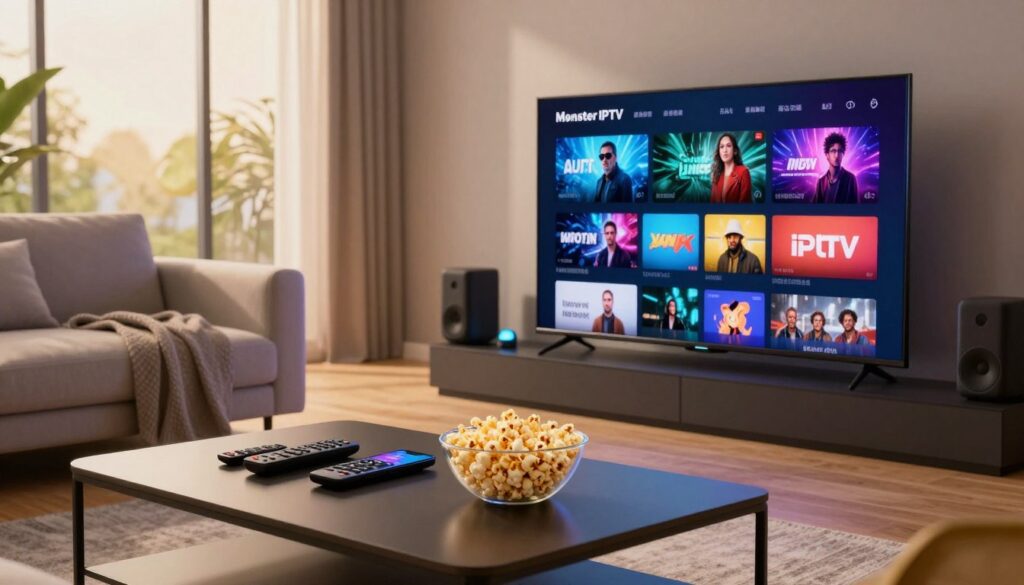 A captivating image of a modern living room equipped with high-tech gadgets, showcasing a large, sleek television displaying vibrant visuals of various IPTV channels. In the foreground, a stylish, minimalistic coffee table is adorned with remote controls, a bowl of popcorn, and a smartphone streaming content. The middle ground features a comfortable sofa with a cozy blanket and smart speakers enhancing the ambiance. In the background, large windows let in warm, natural light, illuminating the contemporary decor and creating a welcoming atmosphere. The scene conveys a sense of innovation and entertainment, inviting viewers to explore the world of Monster IPTV. The lighting is soft and inviting, with a focus on the TV, captured from a slightly angled perspective to emphasize depth and engagement.