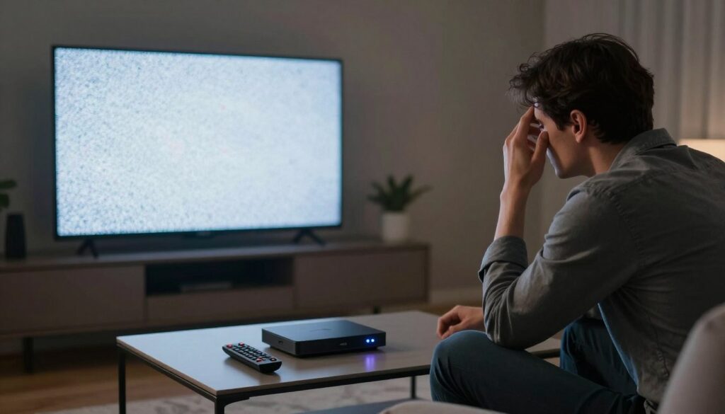 A concerned individual sitting in a modern living room, looking at a blank television screen with hints of static. The foreground features the person, dressed in casual yet professional attire, displaying frustration. In the middle, a sleek coffee table holds a remote control, and an IPTV box with blinking lights, suggesting it has stopped working. The background shows a cozy room with soft, dim lighting, creating a somber atmosphere, with shadows hinting at uncertainty. The scene reflects the mood of confusion and concern regarding the cessation of IPTV services, with a focus on the emotional impact of losing access to favorite shows and content.