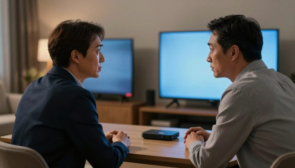 A concerned person sitting at a desk, looking at a blank television screen with an IPTV device next to it, indicating a shutdown. The foreground features the individual, a middle-aged person dressed in professional business attire, with a worried expression. The middle ground includes the television set and IPTV device, dimly lit with a blue glow from the screen. The background is a home living room setup, with soft warm lighting to create a calm yet tense atmosphere. The scene captures a mood of uncertainty and frustration, emphasizing the impact of IPTV shutdown disruptions. The overall angle is focused on the person’s face and the empty screen, creating a sense of immediacy in the situation.