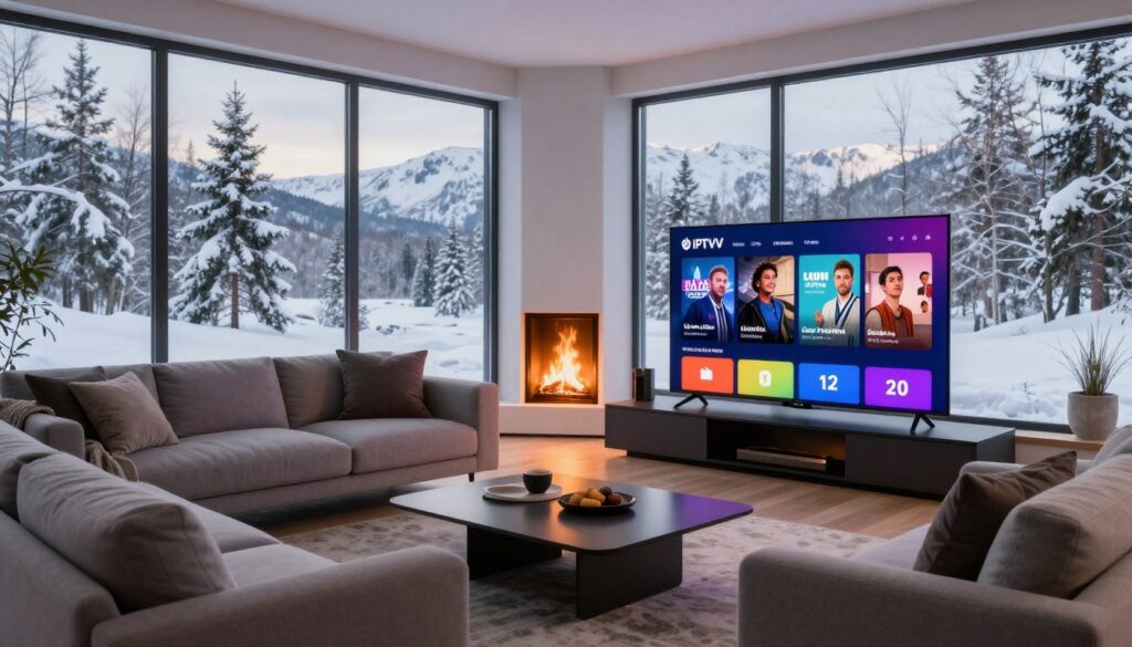 A cozy Nordic living room with a stylish contemporary design, featuring a sleek sofa and a modern coffee table. In the foreground, a large flat-screen TV is displaying vibrant IPTV content, showcasing popular Nordic shows with colorful graphics and engaging visuals. The middle of the room includes a warm fireplace, surrounded by soft lighting that creates a relaxed atmosphere. In the background, large windows reveal a snowy Nordic landscape outside, with pine trees lightly dusted with snow. The overall scene is well-lit with a balance of natural and ambient light, evoking a nostalgic yet futuristic vibe of home entertainment for 2026. The mood is inviting and warm, perfect for family viewing.