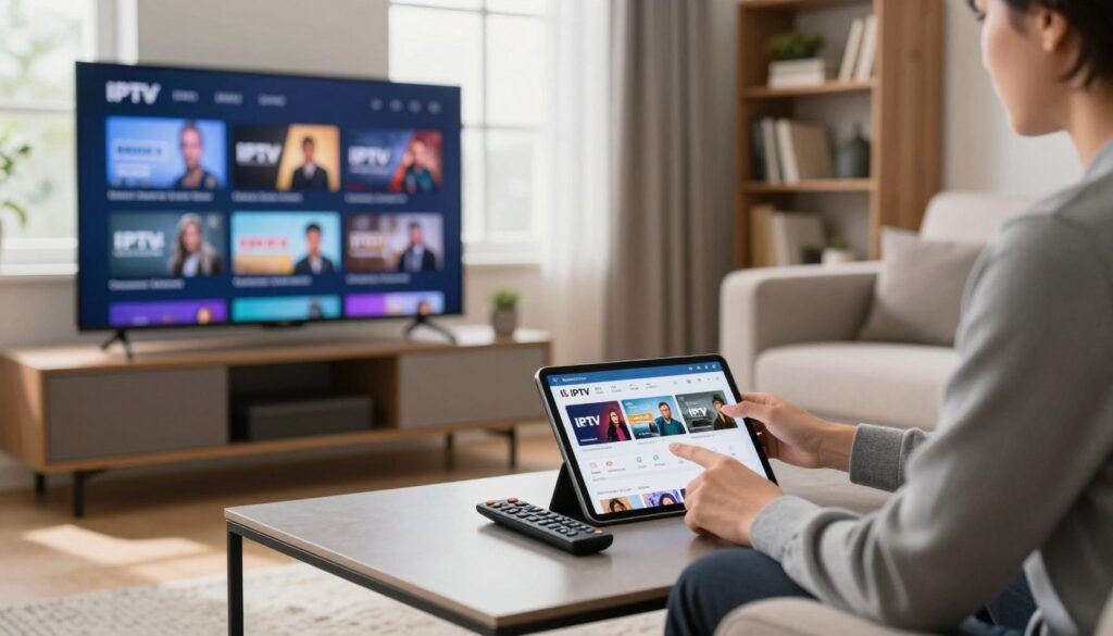 A cozy indoor setting showcasing a modern living room equipped with a large flat-screen TV displaying various IPTV channels. In the foreground, a sleek, minimalist coffee table holds a remote control and a tablet opened to an IPTV subscription comparison page. In the middle ground, a person in professional business attire is seated on a stylish sofa, intently assessing IPTV options on their tablet. Natural light streams in from a window, creating a warm and inviting atmosphere. In the background, bookshelves filled with entertainment-related books and decorative items enhance the ambiance. The overall mood is focused and informative, illustrating the thoughtful process of selecting the right IPTV subscription to meet personal needs.