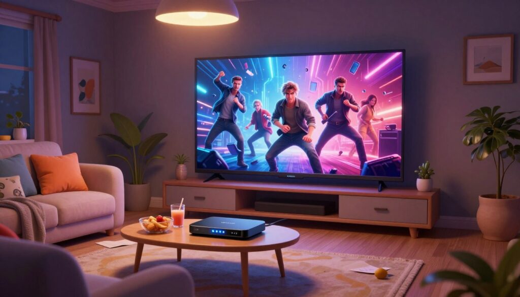 A cozy living room setting designed for an immersive home theater experience, featuring a sleek IPTV box connected to a large, vibrant television displaying an action-packed movie scene. The foreground includes a soft, plush sofa adorned with colorful cushions, accompanied by a stylish coffee table with snacks and drinks. In the middle, the IPTV box is emphasized, showcasing its modern design and glowing status lights. The background features dimmed ambient lighting and decorative wall art that enhances the cinematic atmosphere. Soft overhead lights create a warm, inviting glow, while the angle captures the viewer's perspective as if they are about to enjoy a movie night. The mood is relaxed and engaging, encouraging viewers to optimize their viewing experience for an ideal cinematic quality.
