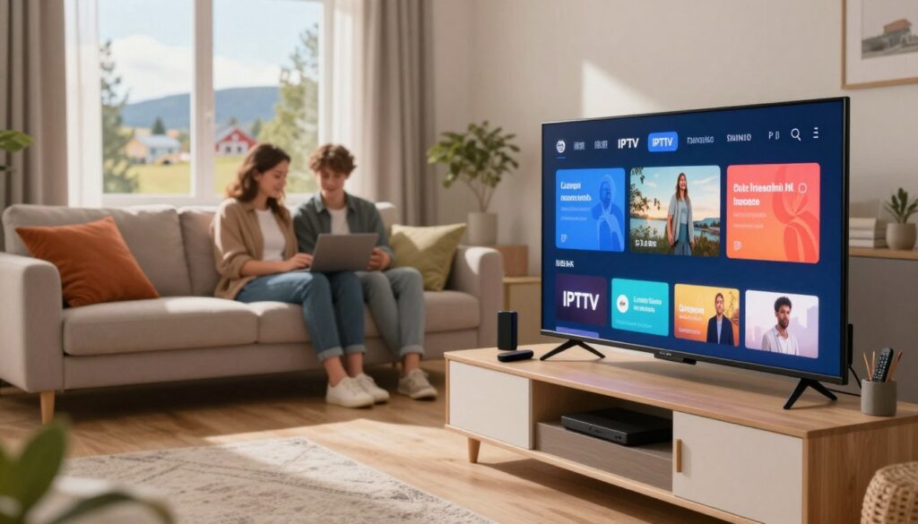 A cozy, modern Swedish living room showcasing the evolution of streaming technology. In the foreground, a sleek, contemporary television displays vibrant streaming services with an IPTV interface. Below the TV, a stylish media console houses various devices like a smart box and remote controls. In the middle ground, a comfortable sofa adorned with colorful cushions invites relaxation, while a young couple, dressed in casual, professional clothing, engages with their devices. The background features a large window with soft, natural light filtering in, revealing a picturesque Swedish landscape. The overall atmosphere is warm and inviting, highlighting the convenience and integration of smart IPTV in everyday life. Use a soft focus lens effect to create a cozy ambiance. A cozy, modern Swedish living room showcasing the evolution of streaming technology. In the foreground, a sleek, contemporary television displays vibrant streaming services with an IPTV interface. Below the TV, a stylish media console houses various devices like a smart box and remote controls. In the middle ground, a comfortable sofa adorned with colorful cushions invites relaxation, while a young couple, dressed in casual, professional clothing, engages with their devices. The background features a large window with soft, natural light filtering in, revealing a picturesque Swedish landscape. The overall atmosphere is warm and inviting, highlighting the convenience and integration of smart IPTV in everyday life. Use a soft focus lens effect to create a cozy ambiance.