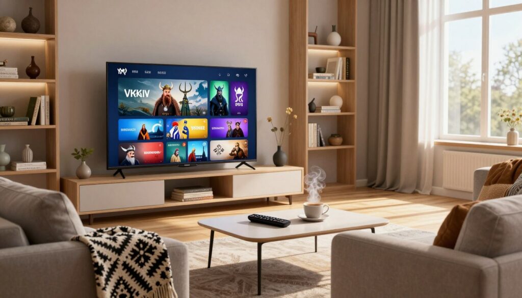 A cozy, modern living room with a large flat-screen TV showing a vibrant Viking IPTV interface, complete with colorful channels representing Scandinavian culture. In the foreground, a comfortable sofa with a Scandinavian design invites relaxation, adorned with a patterned throw blanket. In the middle, a sleek coffee table holds a remote control and a steaming cup of coffee, enhancing the inviting atmosphere. The background features a softly lit bookshelf filled with Nordic-themed books and decorative artifacts. Natural light streams in through a nearby window, casting warm reflections on the wooden floor. The overall mood is inviting and warm, combining modern technology with elements of Viking heritage, evoking the essence of comfortable home streaming.