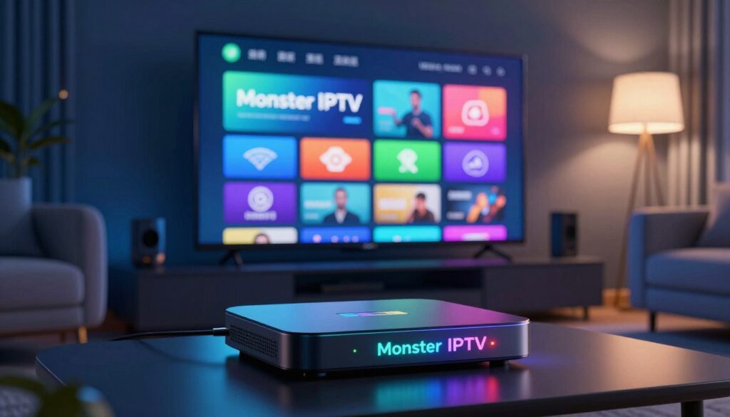A digital illustration of a fictional IPTV provider called "Monster IPTV". In the foreground, a sleek, futuristic set-top box glows softly, with colorful LED lights illuminating its surface. In the middle ground, a high-definition television displays a vibrant streaming interface, showcasing various channels with abstract icons and colorful graphics representing different genres. The background features a modern living room setting with plush furniture and subtle tech gadgets. Warm lighting from a stylish floor lamp creates an inviting atmosphere, while the overall color palette combines deep blues and vibrant greens to suggest a high-tech vibe. The scene conveys a blend of excitement and professionalism, perfect for an analysis of IPTV services. A digital illustration of a fictional IPTV provider called "Monster IPTV". In the foreground, a sleek, futuristic set-top box glows softly, with colorful LED lights illuminating its surface. In the middle ground, a high-definition television displays a vibrant streaming interface, showcasing various channels with abstract icons and colorful graphics representing different genres. The background features a modern living room setting with plush furniture and subtle tech gadgets. Warm lighting from a stylish floor lamp creates an inviting atmosphere, while the overall color palette combines deep blues and vibrant greens to suggest a high-tech vibe. The scene conveys a blend of excitement and professionalism, perfect for an analysis of IPTV services.