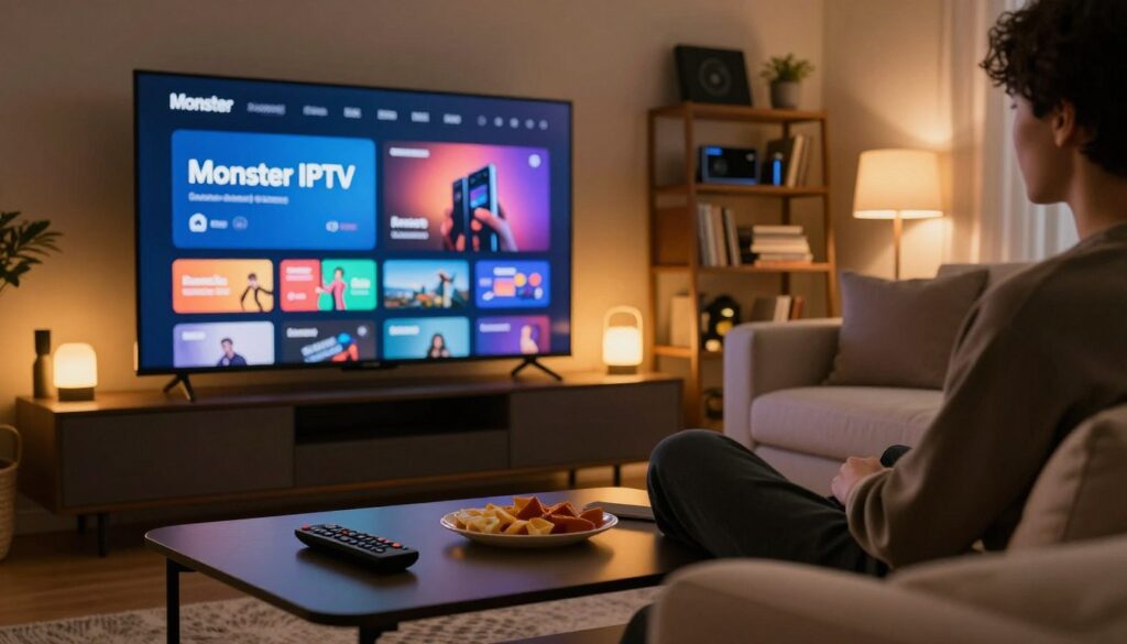 A dramatic close-up of a sleek, modern living room setting, featuring a large flat-screen TV displaying the vibrant interface of "Monster IPTV." The foreground includes a stylish coffee table with remote controls and snacks, all bathed in warm, inviting light. The middle section showcases an elegant sofa with plush cushions, where a casually dressed person sits, intently exploring IPTV options. The background reveals a stylish bookshelf filled with tech gadgets and a soft glow from decorative lamps. The scene is set in a cozy atmosphere, with soft shadows enhancing the depth of the space, ideal for showcasing the appeal of Monster IPTV. A dramatic close-up of a sleek, modern living room setting, featuring a large flat-screen TV displaying the vibrant interface of "Monster IPTV." The foreground includes a stylish coffee table with remote controls and snacks, all bathed in warm, inviting light. The middle section showcases an elegant sofa with plush cushions, where a casually dressed person sits, intently exploring IPTV options. The background reveals a stylish bookshelf filled with tech gadgets and a soft glow from decorative lamps. The scene is set in a cozy atmosphere, with soft shadows enhancing the depth of the space, ideal for showcasing the appeal of Monster IPTV.