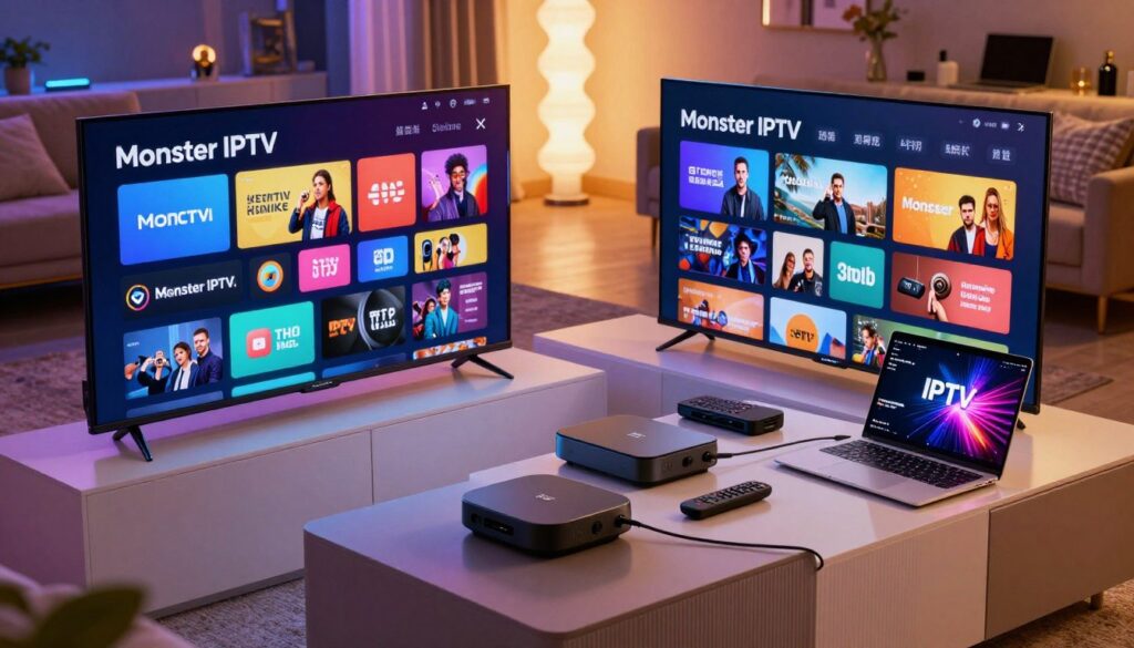 A dynamic and visually striking representation of a vibrant and modern media center, showcasing "Monster IPTV." In the foreground, a sleek television with a high-definition display shows colorful streaming interfaces. The middle ground features a stylish media console adorned with various streaming devices, remote controls, and an open laptop with IPTV channels displayed. In the background, an inviting living room setting features plush seating, contemporary decor, and ambient lighting that creates a cozy atmosphere. The scene is illuminated with soft, warm lights, casting gentle reflections and enhancing the overall inviting mood. The camera angle is slightly elevated, providing a comprehensive view of the technology and environment, evoking a sense of innovation and comfort in home entertainment.