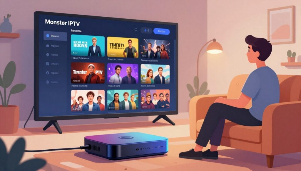 A dynamic digital illustration showcasing the concept of "Monster IPTV" as a powerful streaming app. In the foreground, a sleek, modern device resembling a streaming box is displayed, emitting soft, colorful light. In the middle ground, an interface is shown on a large, high-definition screen, displaying vibrant thumbnails of various movies and shows, symbolizing extensive streaming options. The background features a cozy living room setting with soft lighting, where a professional individual sits comfortably on a stylish couch, attentively watching the screen, dressed in smart casual attire. The overall mood is engaging and inviting, capturing the essence of modern home entertainment and streaming convenience. Use a slightly angled perspective to enhance depth and emphasis on the streaming experience.