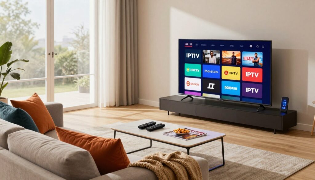 A dynamic home interior scene showcasing a sleek living room with a modern television streaming various channels through Monster IPTV. In the foreground, a comfortable sofa with vibrant throw pillows and a cozy blanket is positioned facing the TV. The TV screen brightly displays a colorful array of streaming channel logos, radiating an inviting glow. In the middle ground, a stylish coffee table holds remote controls, snacks, and a magazine about IPTV services. The background features a large window with soft, natural light streaming in, casting gentle shadows and creating a relaxed atmosphere. Include subtle tech elements like a smart device on the table to emphasize innovation. The overall mood should be modern, inviting, and engaging, reflecting the competitive spirit of the IPTV market.