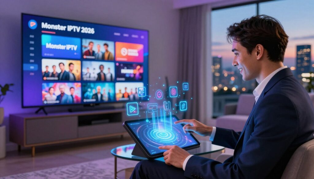 A futuristic depiction of a vibrant IPTV interface showcasing "Monster IPTV 2026," with colorful graphics and dynamic visual elements representing streaming content. In the foreground, an enthusiastic professional in business attire interacts with a sleek touchscreen device, surrounded by glowing holographic icons of popular shows and channels. The middle ground reveals a modern living room with a large television displaying the Monster IPTV logo, while the background features a stylish cityscape at dusk, illuminated by city lights. Soft, ambient lighting creates an inviting atmosphere, emphasizing innovation and excitement in the market. The image captures an energizing blend of technology and entertainment, highlighting the challenge posed to the IPTV industry. A futuristic depiction of a vibrant IPTV interface showcasing "Monster IPTV 2026," with colorful graphics and dynamic visual elements representing streaming content. In the foreground, an enthusiastic professional in business attire interacts with a sleek touchscreen device, surrounded by glowing holographic icons of popular shows and channels. The middle ground reveals a modern living room with a large television displaying the Monster IPTV logo, while the background features a stylish cityscape at dusk, illuminated by city lights. Soft, ambient lighting creates an inviting atmosphere, emphasizing innovation and excitement in the market. The image captures an energizing blend of technology and entertainment, highlighting the challenge posed to the IPTV industry.