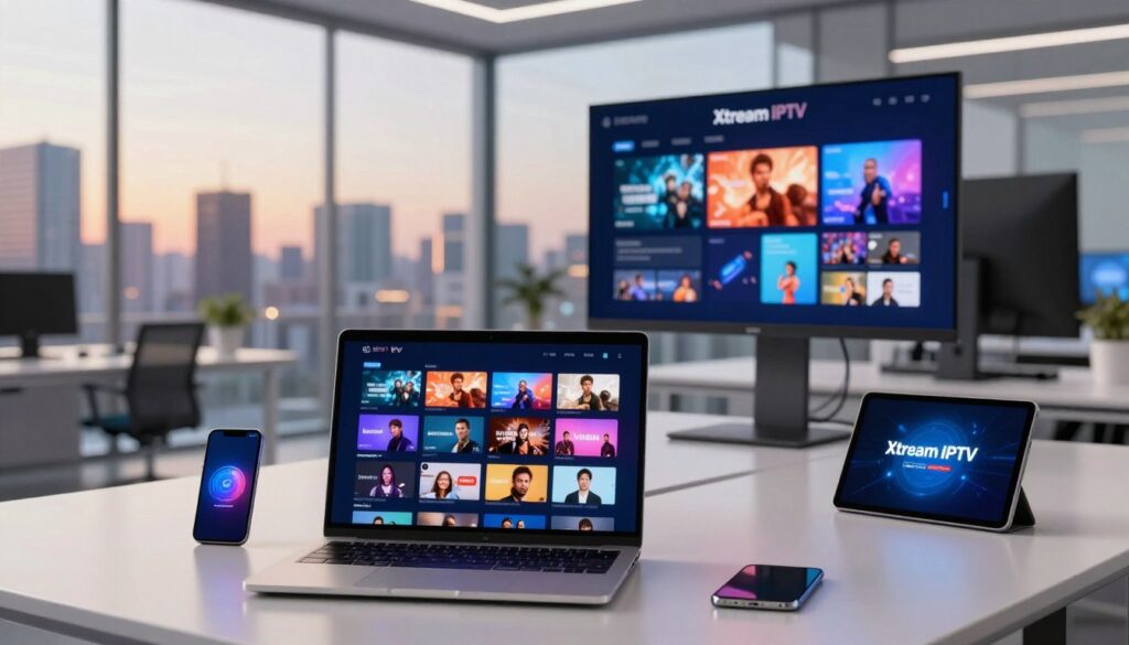 A futuristic digital workspace showcasing "Xtream IPTV" as a leading IPTV provider. In the foreground, a modern laptop displays an engaging IPTV interface vivid with colorful thumbnails representing various channels, surrounded by high-tech gadgets, like a sleek smartphone and a tablet. The middle ground features a bright, minimalist office with a large screen streaming content, highlighting IPTV features in action with high-resolution graphics. The background shows a city skyline through a large glass window, illuminated by the evening sky, suggesting technological advancement and connectivity. Soft, warm lighting enhances a professional and inviting atmosphere, while a shallow depth of field focuses on the device monitors, emphasizing a sense of innovation and digital exploration. A futuristic digital workspace showcasing "Xtream IPTV" as a leading IPTV provider. In the foreground, a modern laptop displays an engaging IPTV interface vivid with colorful thumbnails representing various channels, surrounded by high-tech gadgets, like a sleek smartphone and a tablet. The middle ground features a bright, minimalist office with a large screen streaming content, highlighting IPTV features in action with high-resolution graphics. The background shows a city skyline through a large glass window, illuminated by the evening sky, suggesting technological advancement and connectivity. Soft, warm lighting enhances a professional and inviting atmosphere, while a shallow depth of field focuses on the device monitors, emphasizing a sense of innovation and digital exploration.
