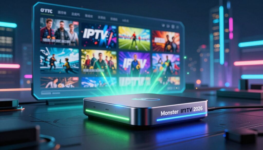 A futuristic, high-tech digital landscape highlighting "Monster IPTV 2026". In the foreground, a sleek, metallic device resembling a streaming box glows with vibrant LED lights, showcasing its advanced design. In the middle ground, a dynamic interface displays a kaleidoscope of colorful streaming options, including movie scenes and sports events, all emanating a sense of speed and reliability. The background features an abstract representation of a city skyline illuminated by neon lights, symbolizing connectivity and modern technology. The atmosphere is energetic and innovative, with soft lens flares and a slightly blurred depth of field to draw focus to the device. The lighting is dramatic, with a mix of blues and greens creating a captivating, tech-savvy mood.