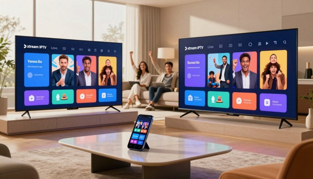 A futuristic living room featuring a sleek TV displaying the Xtream IPTV interface, with vibrant colors and detailed icons highlighting various features like live streaming and on-demand content. In the foreground, a modern, minimalist coffee table holds a smart device showing IPTV options. The middle ground showcases a comfy sofa where a diverse group of people in professional attire are engaged in watching their favorite programs, exuding excitement and enjoyment. The background includes a large window letting in natural light, enhancing the warm and inviting atmosphere. The scene is well-lit, emphasizing the technology and enjoyment of IPTV services, captured with a slightly elevated angle to provide depth and focus. A futuristic living room featuring a sleek TV displaying the Xtream IPTV interface, with vibrant colors and detailed icons highlighting various features like live streaming and on-demand content. In the foreground, a modern, minimalist coffee table holds a smart device showing IPTV options. The middle ground showcases a comfy sofa where a diverse group of people in professional attire are engaged in watching their favorite programs, exuding excitement and enjoyment. The background includes a large window letting in natural light, enhancing the warm and inviting atmosphere. The scene is well-lit, emphasizing the technology and enjoyment of IPTV services, captured with a slightly elevated angle to provide depth and focus.
