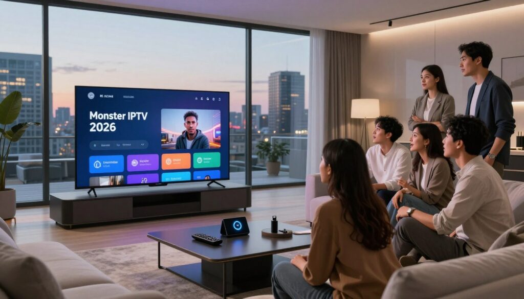 A futuristic living room setting in Sweden, showcasing a sleek, modern television displaying an IPTV interface labeled "Monster IPTV 2026." In the foreground, a diverse group of professionals dressed in smart casual attire analyzes the TV screen, with a mix of excitement and curiosity on their faces. The middle ground features a stylish coffee table with tech gadgets and remote controllers, while the background highlights a panoramic window revealing a contemporary city skyline at dusk. Soft, ambient lighting creates a cozy yet innovative atmosphere, emphasizing a sense of advancement in technology. Use a wide-angle lens to capture the spatial dynamics and convey a vision of the future of IPTV.