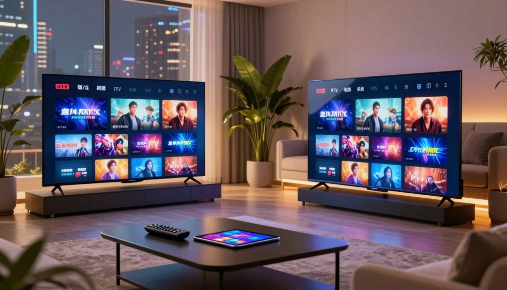 A futuristic living room setting showcasing IPTV technology in action. In the foreground, a sleek, modern television displays vibrant streaming content, reflecting a diverse array of channels. Nearby, a stylish coffee table holds a remote control and a tablet, emphasizing user interactivity. The middle ground features a cozy sofa with soft, ambient lighting, inviting relaxation. Lush green plants add a touch of nature. The background reveals a large window with a cityscape view, suggesting a high-tech urban environment. The mood is contemporary and innovative, with warm lighting creating a welcoming atmosphere. Utilize a wide-angle perspective to capture the essence of advanced technology in a home setting. Avoid any text or logos, ensuring a clean, professional image.