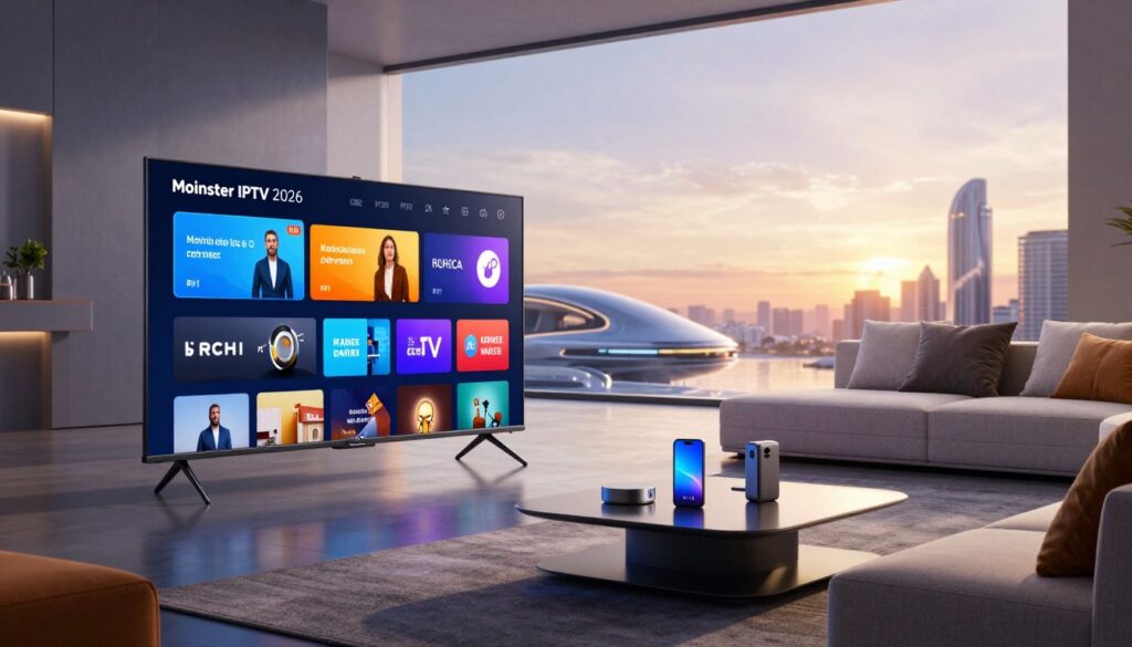 A futuristic living room setting showcasing a high-tech IPTV experience. In the foreground, a sleek, ultra-modern television displays the Moinster IPTV 2026 interface, vibrant with colorful streaming options. The middle ground features a stylish, contemporary sofa with cushions, emphasizing comfort and innovation. A small coffee table holds smart devices, emphasizing a seamless tech ecosystem. In the background, large windows reveal a bright, cityscape with futuristic architecture, bathed in the warm glow of sunset. The ambient lighting is soft and inviting, with subtle reflections on the glass surfaces. The overall atmosphere conveys advanced technology and superior streaming quality, making it an ideal representation of the future of entertainment. A futuristic living room setting showcasing a high-tech IPTV experience. In the foreground, a sleek, ultra-modern television displays the Moinster IPTV 2026 interface, vibrant with colorful streaming options. The middle ground features a stylish, contemporary sofa with cushions, emphasizing comfort and innovation. A small coffee table holds smart devices, emphasizing a seamless tech ecosystem. In the background, large windows reveal a bright, cityscape with futuristic architecture, bathed in the warm glow of sunset. The ambient lighting is soft and inviting, with subtle reflections on the glass surfaces. The overall atmosphere conveys advanced technology and superior streaming quality, making it an ideal representation of the future of entertainment.