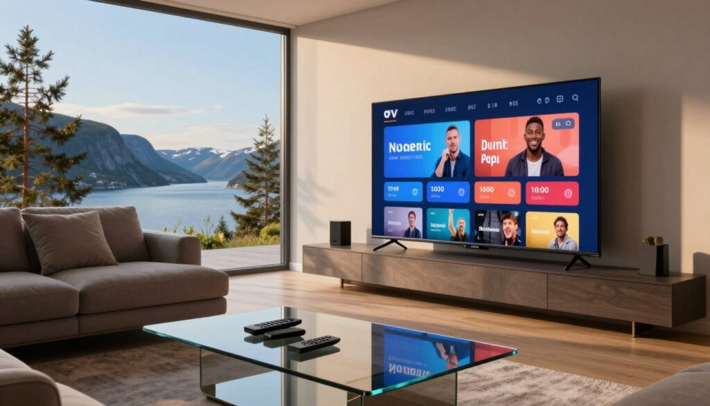 A high-tech, sleek living room scene designed for Nordic IPTV viewing, featuring a large, modern flat-screen displaying vibrant streaming content. In the foreground, a stylish glass coffee table holds remote controls and smart devices. The middle layer includes a plush couch with neatly arranged cushions, inviting for a cozy viewing experience. The background presents a panoramic window showcasing a serene Nordic landscape, with fjords and pine trees under a clear blue sky. The lighting is warm and soft, reminiscent of a late afternoon glow, casting gentle shadows to create a relaxing atmosphere. The image conveys a sense of innovation and accessibility in digital entertainment.