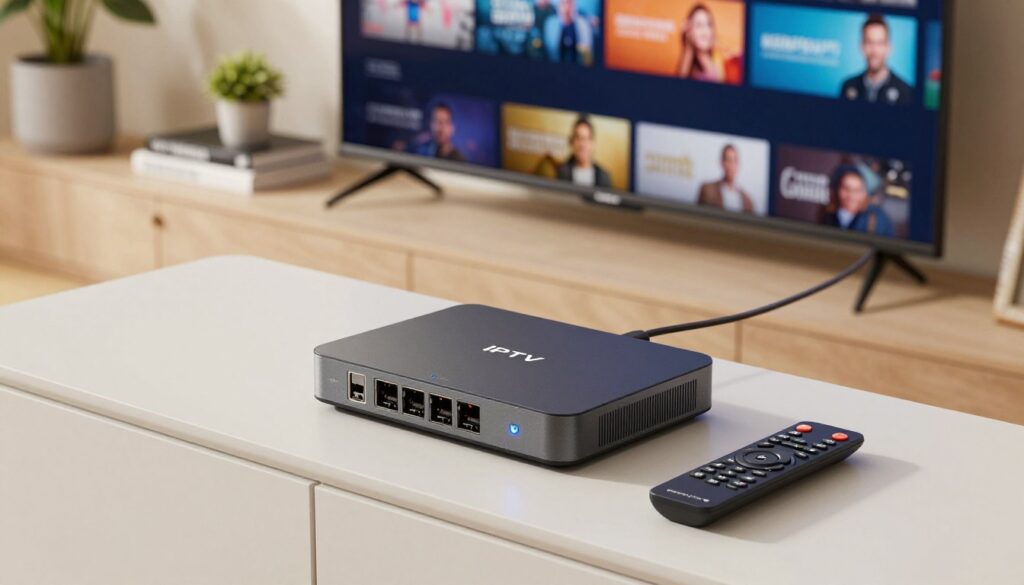 A modern IPTV hardware setup on a sleek, minimalist home entertainment center. In the foreground, feature a stylish IPTV box with various ports and an illuminated power button, accompanied by a remote control with an array of buttons. In the middle, display a high-definition flat-screen TV showing vibrant streaming content, with cables neatly arranged. The background features a cozy living room ambiance with subtle lighting, soft colors, and a few decorative items like books and plants. The atmosphere is warm and inviting, emphasizing the convenience and sophistication of modern technology. Capture the scene with a slightly elevated angle to provide a comprehensive view, using natural lighting to enhance realism and clarity.