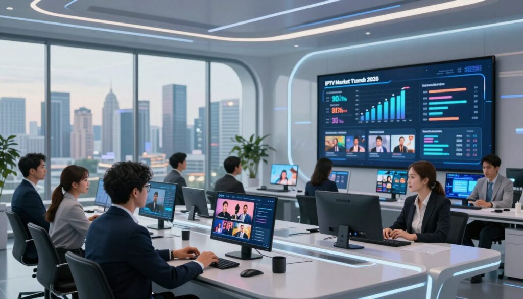 A modern digital landscape showcasing the IPTV market trends in 2026. In the foreground, a sleek, futuristic office space where diverse professionals, dressed in professional business attire, are engaged in discussion over high-tech devices displaying IPTV content. In the middle ground, large screens highlight key statistics and graphs representing current viewership trends and popular IPTV providers. The background features a panoramic city skyline viewed through large glass windows, symbolizing innovation and technological advancement. Soft, ambient lighting creates a positive and energetic atmosphere, while a focus on depth of field gives a sense of clarity and future-forward perspective. The angle captures details of both the professionals and the advanced technology around them, conveying a feeling of collaboration and progress.