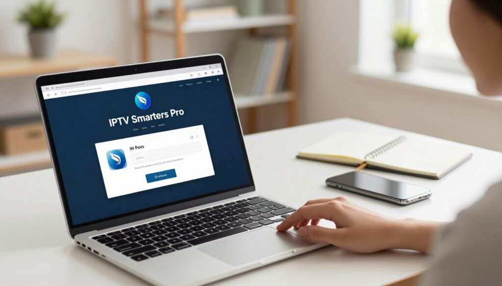 A modern home office setting featuring a user installing the IPTV Smarters Pro app on a sleek laptop. Foreground: close-up of the laptop screen displaying the IPTV Smarters Pro logo and installation interface, with fingers gently tapping the touchpad. Middle: a tidy desk with a notepad and a smartphone, all well-organized. Background: soft-focus shelves with books and a potted plant, conveying a comfortable work environment. The scene is brightly lit with natural sunlight streaming through a window, creating a warm and inviting atmosphere. The overall mood should feel professional and focused, emphasizing the ease of installation for users.