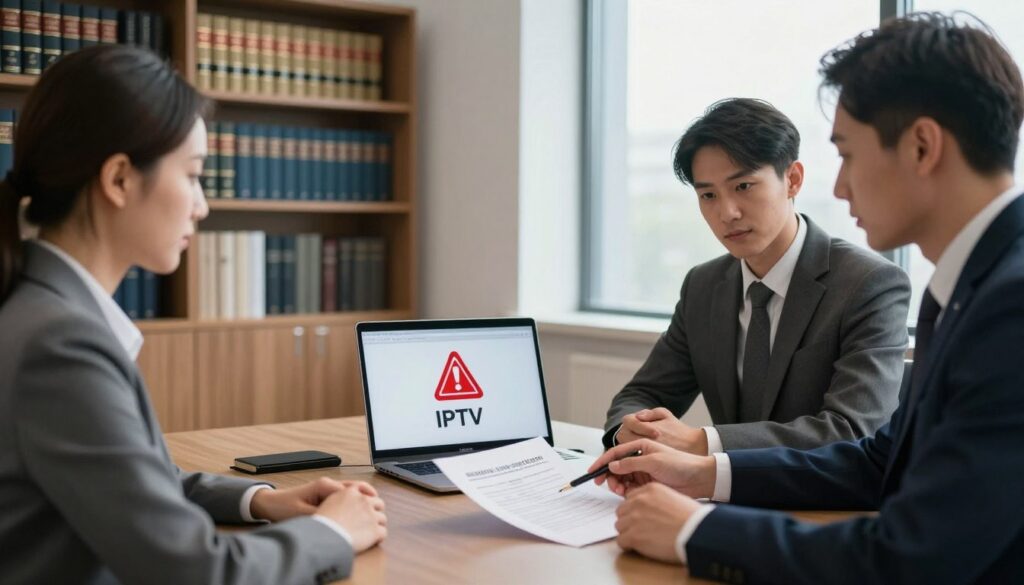 A modern legal office interior depicting a professional meeting setting. In the foreground, a group of three individuals in business attire—two men and one woman—are discussing a document on an elegant table, with a focused expression. In the middle, a laptop is open showing a screen with a red warning symbol related to illegal IPTV services. The background features shelves lined with law books and a large window with soft natural light streaming in, creating a bright and serious atmosphere. The overall mood conveys a sense of urgency and legality, emphasizing the impact of illegal streaming under Swedish law. Use a slight depth of field to keep the focus on the subjects and the document. A modern legal office interior depicting a professional meeting setting. In the foreground, a group of three individuals in business attire—two men and one woman—are discussing a document on an elegant table, with a focused expression. In the middle, a laptop is open showing a screen with a red warning symbol related to illegal IPTV services. The background features shelves lined with law books and a large window with soft natural light streaming in, creating a bright and serious atmosphere. The overall mood conveys a sense of urgency and legality, emphasizing the impact of illegal streaming under Swedish law. Use a slight depth of field to keep the focus on the subjects and the document.