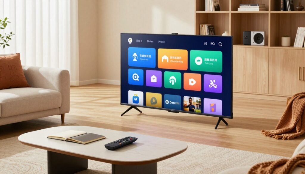 A modern living room featuring a sleek Smart IPTV setup. In the foreground, a stylish, minimalist coffee table holds a high-tech remote and a notebook. In the middle, a large flat-screen TV displays a vibrant streaming interface with various colorful app icons. The living room is comfortably furnished with a plush sofa and decorative pillows. Soft, natural light filters in through large windows, creating a warm ambiance. In the background, a bookshelf filled with books and gadgets adds depth and interest. The atmosphere evokes a sense of innovation and comfort, highlighting the convenience and modernity of Smart IPTV in contemporary life. Capture this scene with a slightly elevated angle to include the TV prominently, using bright, inviting colors.