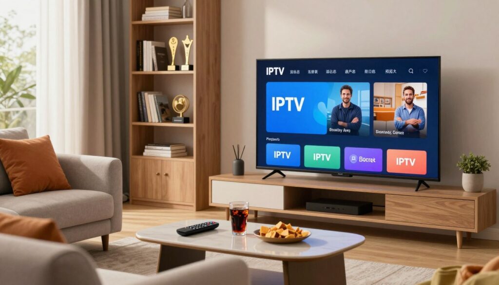 A modern living room scene featuring a sleek, contemporary TV displaying an IPTV interface, surrounded by a cozy and inviting atmosphere. In the foreground, a comfortable couch with colorful cushions invites viewers to sit and enjoy. A stylish coffee table is adorned with a remote control, snacks, and a glass of soda, suggesting a relaxed viewing experience. In the middle ground, an elegant bookshelf filled with tech books and awards reflects a passion for innovation. The background shows a window with soft, natural lighting filtering in, creating a warm ambiance. The overall mood is friendly and informative, illustrating the ease and engagement of IPTV services. The focus is on the IPTV technology without any captions or text overlays.