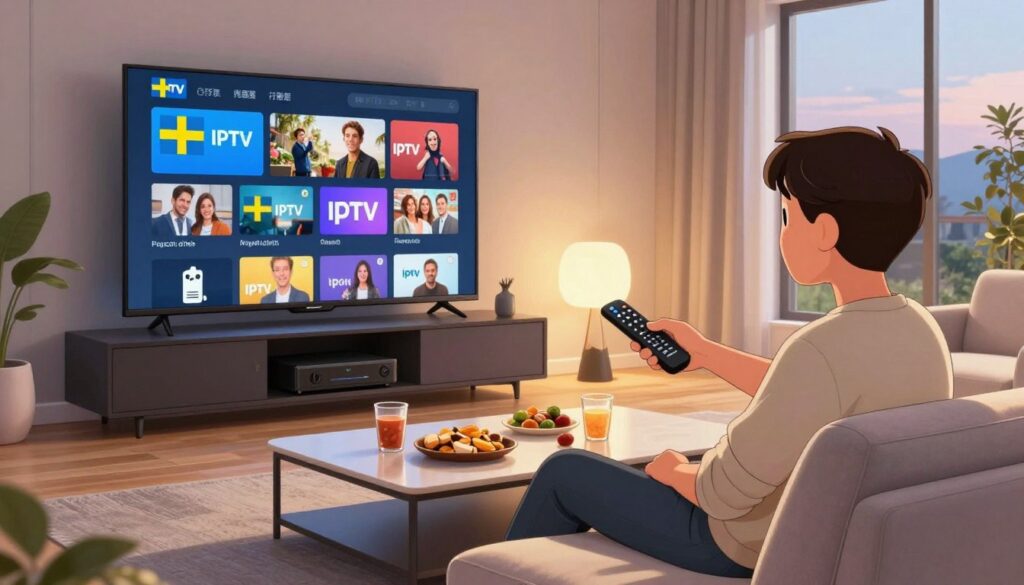 A modern living room setting featuring a large flat-screen TV displaying a digital interface full of Swedish IPTV channels. In the foreground, a user, dressed in smart casual attire, is seated comfortably on a sleek sofa, attentively navigating the remote control. The middle ground showcases a stylish coffee table with snacks and beverages, while a sleek console below the TV holds multimedia devices. Soft warm lighting bathes the room, creating an inviting atmosphere, while large windows in the background reveal a serene outdoor view, hinting at a cozy evening. The scene conveys a sense of relaxation and modern technology, emphasizing the joy of exploring Swedish IPTV options.