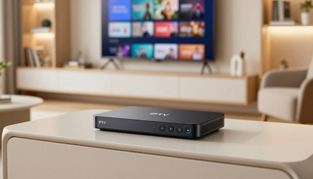 A modern living room setting featuring a sleek IPTV box prominently displayed on a stylish, minimalist entertainment unit. The foreground showcases the IPTV box with visible buttons and LED indicators, reflecting high-tech design. In the middle ground, a flat-screen TV mounted on the wall displays a colorful streaming interface. Cozy furniture surrounds the area, creating an inviting atmosphere. The background consists of softly lit shelving with books and decorative items, enhancing the warm ambiance. The lighting is bright yet soft, illuminating the IPTV box while casting gentle shadows. The image captures a contemporary lifestyle, ideal for viewers looking to explore IPTV options at home. The overall mood is relaxed and informative, inviting viewers to engage with the technology.