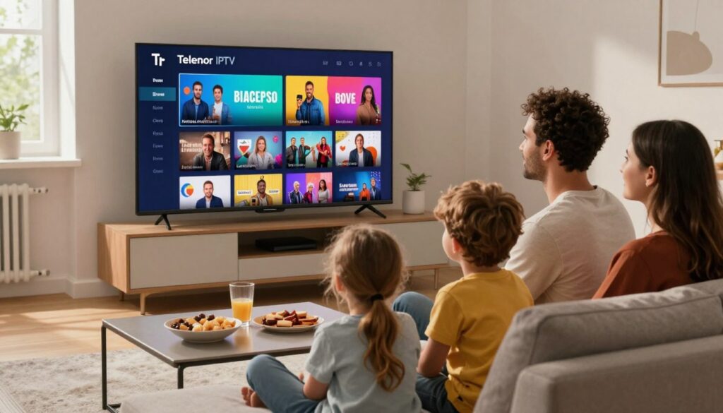 A modern living room setting featuring a sleek, smart television displaying the Telenor IPTV interface, showcasing vibrant thumbnails of popular channels. In the foreground, a family of four, including a diverse couple and their two children, sit comfortably on a stylish couch, engaged in watching content together, dressed in casual yet presentable clothing. The middle layer shows the coffee table adorned with snacks and drinks, enhancing a cozy atmosphere. The background reveals a window with natural light filtering in, illuminating the scene and creating a warm, inviting mood. Utilize soft, diffused lighting to highlight the family's expressions of enjoyment and curiosity. The angle should capture the excitement of the viewing experience, emphasizing the connection between technology and family entertainment.