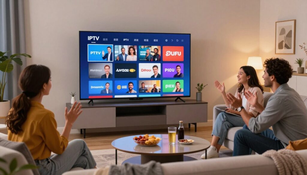 A modern living room setting featuring a sleek television displaying a vibrant streaming interface, showcasing various IPTV channel options. In the foreground, a diverse group of three people—one woman and two men—are engaging enthusiastically with the technology, dressed in smart casual attire. They are seated on a stylish couch with contemporary decor around them. The middle ground includes a stylish coffee table with snacks and drinks, hinting at a relaxed viewing experience. The background consists of soft ambient lighting that enhances the cozy atmosphere, with houseplants and framed artwork adding a touch of modern elegance. The overall mood is inviting and lively, capturing the benefits of modern IPTV services in a home setting.