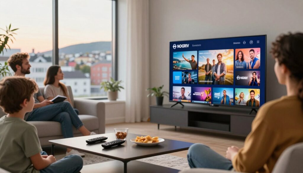 A modern living room setting featuring a sleek television displaying an array of Nordic TV channels, showcasing vibrant program previews. The foreground includes a stylish coffee table with remote controls and snacks, emphasizing a cozy watching experience. The middle ground features diverse viewers, including a multi-ethnic group of two adults and a child, all casually dressed in comfortable clothing, enjoying the content together. The background shows large windows with a view of a Scandinavian cityscape, bathed in warm, natural light from a late afternoon sun. The overall mood is inviting and family-friendly, reflecting the enjoyment of premium content available on Nordic IPTV. Use a shallow depth of field to focus on the people and TV while softly blurring the background, creating a sense of intimacy and engagement.