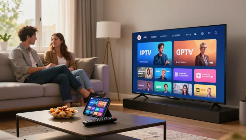 A modern living room setting, focused on a sleek flat-screen TV displaying a colorful IPTV interface. In the foreground, a stylish coffee table with a remote control, snacks, and a tablet showcasing streaming options. The middle ground features a comfortable couch with a couple of people casually dressed in professional attire, engaged in conversation while enjoying their IPTV experience. In the background, a window with natural sunlight filtering in, casting a warm, inviting glow across the room. The atmosphere is cozy and tech-savvy, emphasizing the integration of IPTV technology into everyday life. Use soft lighting with a slight vignette effect to enhance the welcoming mood, and capture the scene from a slightly elevated angle to include both the TV and the viewers in a balanced composition.