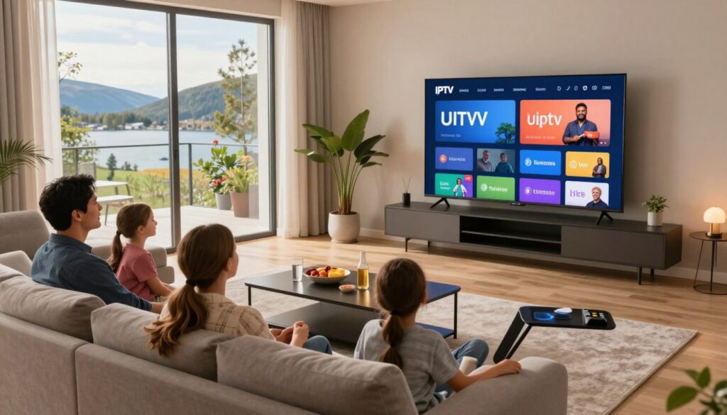 A modern living room setting in Sweden, showcasing a cozy yet stylish space with a large flat-screen television displaying a vibrant IPTV interface. In the foreground, a family of four—parents and two children—are gathered together, dressed in casual but professional attire, enjoying a movie night. The middle ground features a sleek coffee table with snacks and drinks, alongside a decorative plant. The background reveals large windows with natural light streaming in, highlighting the scenic Swedish landscape outside. Soft, warm lighting creates an inviting atmosphere, while a wide-angle perspective captures the essence of family bonding around IPTV entertainment. The mood is relaxed and joyful, symbolizing the growing popularity of IPTV in Swedish households. A modern living room setting in Sweden, showcasing a cozy yet stylish space with a large flat-screen television displaying a vibrant IPTV interface. In the foreground, a family of four—parents and two children—are gathered together, dressed in casual but professional attire, enjoying a movie night. The middle ground features a sleek coffee table with snacks and drinks, alongside a decorative plant. The background reveals large windows with natural light streaming in, highlighting the scenic Swedish landscape outside. Soft, warm lighting creates an inviting atmosphere, while a wide-angle perspective captures the essence of family bonding around IPTV entertainment. The mood is relaxed and joyful, symbolizing the growing popularity of IPTV in Swedish households.