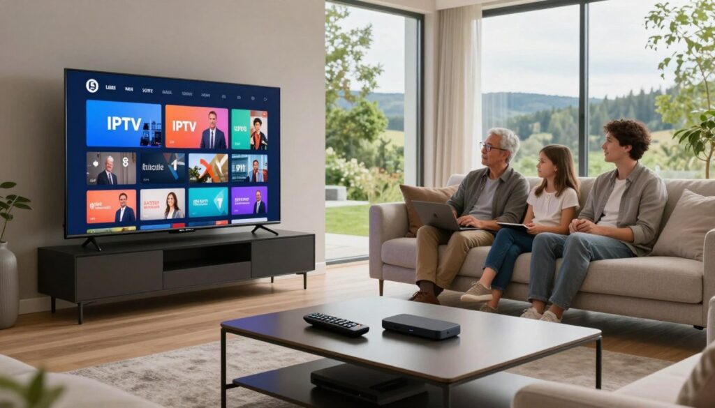A modern living room setting in Sweden, showcasing a sleek, large digital TV displaying a vibrant interface of IPTV services. In the foreground, a stylish coffee table with a remote control and smart device. The middle ground features a cozy sofa with neutral-colored cushions, and a family seated in professional yet casual attire, watching and discussing content. In the background, large windows reveal a scenic Swedish landscape with greenery. Soft, natural lighting enhances the welcoming atmosphere, giving a sense of warmth and comfort. The scene captures a blend of technology and family connection, reflecting the IPTV market's significance in contemporary Swedish life.