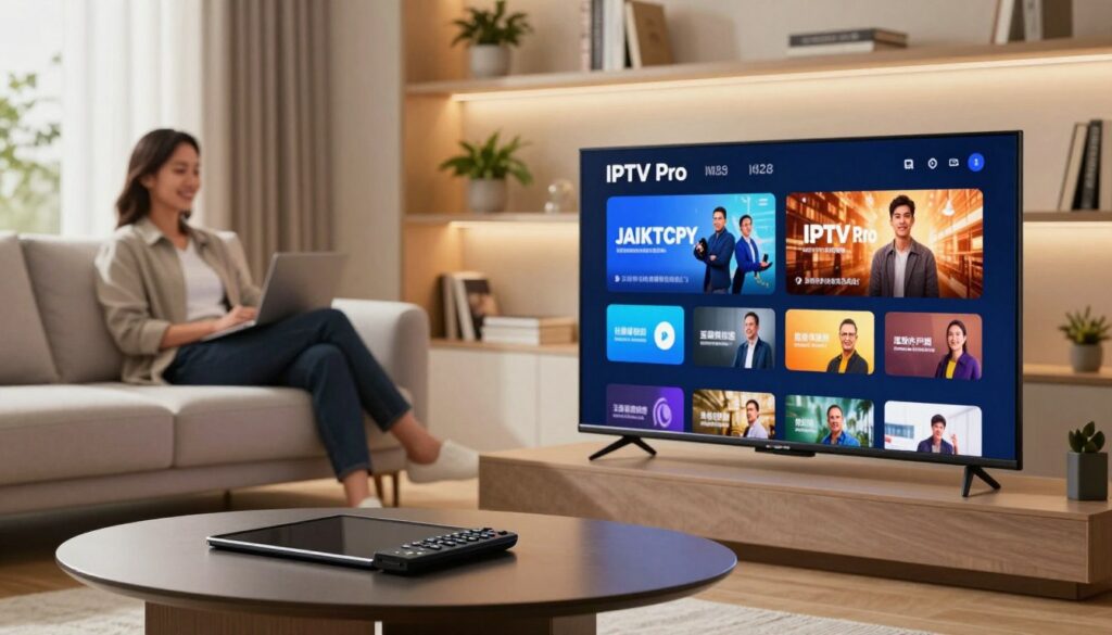 A modern living room setting that showcases IPTV Pro in action. In the foreground, a sleek smart TV displays vibrant streaming content, with dynamic visuals of various channels. Nearby, a stylish coffee table is adorned with a remote control and a tablet, emphasizing the user-friendly experience of the service. The middle layer features a cozy couch where a person in professional business attire is comfortably seated, engrossed in the streaming experience, exuding satisfaction and enjoyment. The background consists of softly lit shelves with decorative plants and books, creating a warm ambiance. Natural light filters in through a window, enhancing the inviting atmosphere. The composition should have a contemporary feel, focusing on high-definition video clarity and an engaging home entertainment environment. A modern living room setting that showcases IPTV Pro in action. In the foreground, a sleek smart TV displays vibrant streaming content, with dynamic visuals of various channels. Nearby, a stylish coffee table is adorned with a remote control and a tablet, emphasizing the user-friendly experience of the service. The middle layer features a cozy couch where a person in professional business attire is comfortably seated, engrossed in the streaming experience, exuding satisfaction and enjoyment. The background consists of softly lit shelves with decorative plants and books, creating a warm ambiance. Natural light filters in through a window, enhancing the inviting atmosphere. The composition should have a contemporary feel, focusing on high-definition video clarity and an engaging home entertainment environment.