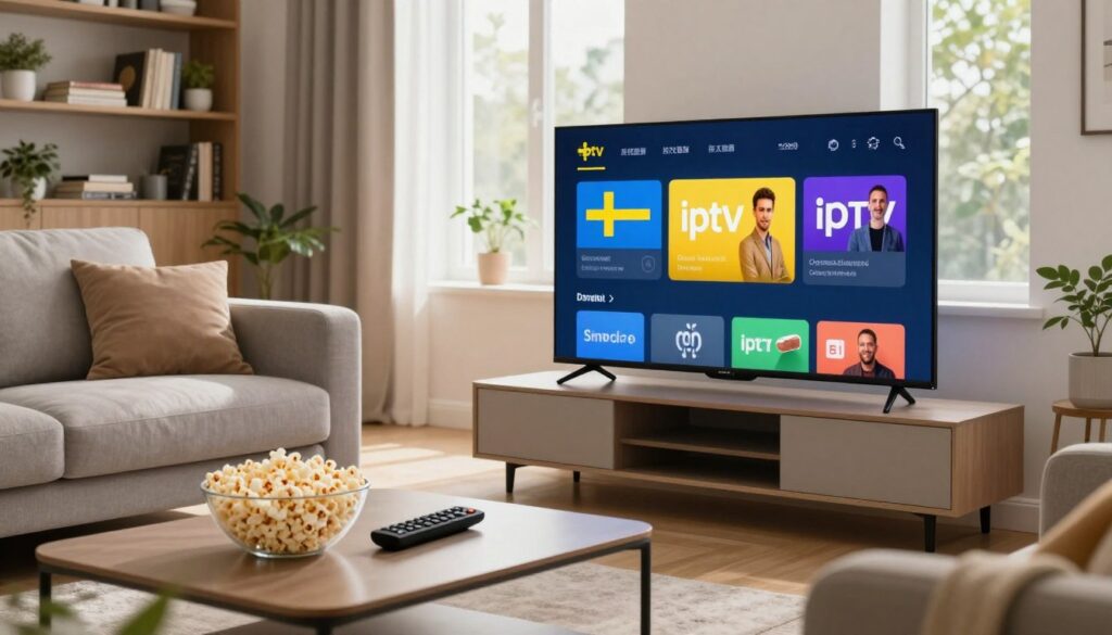 A modern living room setting with a sleek flat-screen TV displaying a vibrant Swedish IPTV interface on the screen. In the foreground, a stylish coffee table holds a remote control and a bowl of popcorn, inviting a relaxed viewing experience. The middle ground features a comfortable sofa with soft cushions, positioned for optimal viewing. Soft, natural light filters through a large window, highlighting the coziness of the space and creating a warm atmosphere. In the background, a decorative bookshelf filled with various books and a few plants adds an element of home decor. The overall mood is inviting and contemporary, showcasing the essence of enjoying Swedish IPTV technology in a relaxed environment.
