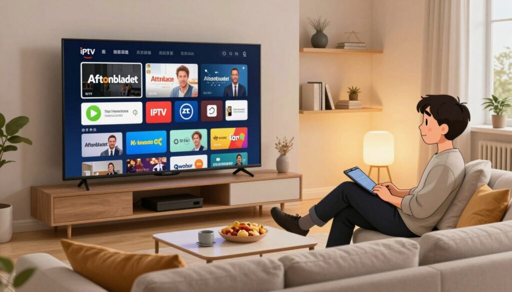 A modern living room setting with a sleek, large flat-screen TV displaying various IPTV streaming options, showcasing the Aftonbladet logo alongside popular streaming service icons. In the foreground, a cozy sofa adorned with cushions and a coffee table with snacks, creating an inviting atmosphere. In the middle, a comfortable chair facing the TV, with a person dressed in smart casual attire, relaxed and engaged with the content on screen. The background features a shelf with books and decorative items, softly lit by warm ambient lighting. The mood is contemporary and casual, reflecting a friendly and informative environment for streaming discussions. The image should have a bright and clear appearance, captured from a slightly elevated angle to give depth to the scene. A modern living room setting with a sleek, large flat-screen TV displaying various IPTV streaming options, showcasing the Aftonbladet logo alongside popular streaming service icons. In the foreground, a cozy sofa adorned with cushions and a coffee table with snacks, creating an inviting atmosphere. In the middle, a comfortable chair facing the TV, with a person dressed in smart casual attire, relaxed and engaged with the content on screen. The background features a shelf with books and decorative items, softly lit by warm ambient lighting. The mood is contemporary and casual, reflecting a friendly and informative environment for streaming discussions. The image should have a bright and clear appearance, captured from a slightly elevated angle to give depth to the scene.