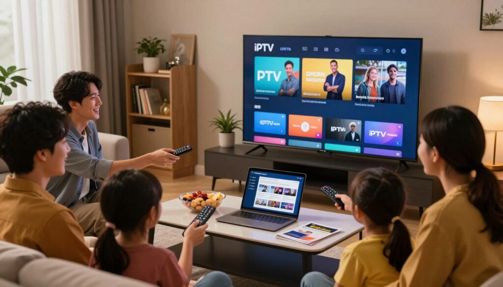A modern living room setup featuring a large flat-screen TV displaying a sleek IPTV interface. In the foreground, a family is gathered, dressed in smart casual attire, joyfully interacting with the remote control. The middle ground highlights a stylish coffee table with snacks, a laptop showcasing IPTV reviews, and promotional brochures scattered around. In the background, soft lighting creates a warm and inviting atmosphere, with plants and bookshelves adding a cozy touch. The scene conveys a sense of reliability and comfort, emphasizing the importance of a trustworthy IPTV service in enjoying quality entertainment at home. Capture the image with a slight diagonal angle to enhance depth, ensuring clear visibility of the IPTV content on the television screen.