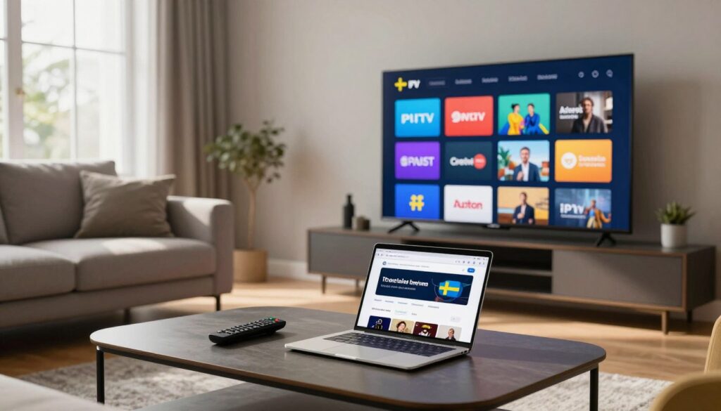 A modern living room with a large, flat-screen television displaying a vibrant interface of various IPTV services, showcasing colorful icons representing different Swedish channels. In the foreground, a stylish coffee table holds a remote control and a laptop open to a comparison website, emphasizing the evaluation process. The middle ground features a cozy sofa with pillows, inviting a relaxed atmosphere. In the background, a large window lets in soft, natural lighting, creating a warm and welcoming environment. The overall mood is productive and informative, with an emphasis on accessibility and choice in the Swedish IPTV market. Use a wide-angle lens to capture the entire scene, highlighting the interplay of light and shadows for a dynamic effect.