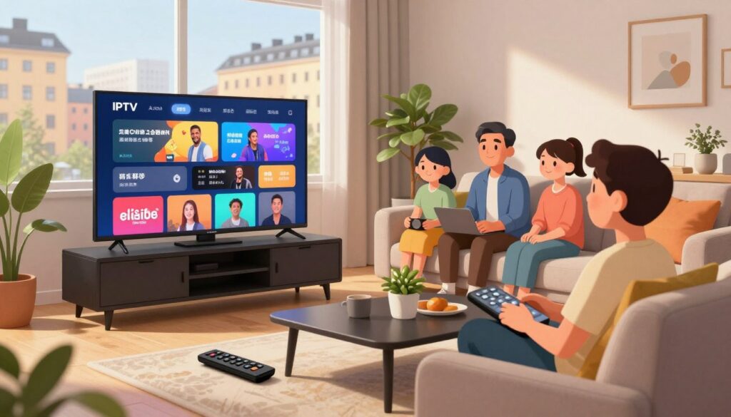 A modern living room with a large television displaying vibrant streaming content, symbolizing advanced IPTV technology. In the foreground, a sleek black media console with a remote control, a potted plant, and a cozy sofa with colorful cushions. Middle-ground features a stylish family enjoying their IPTV experience, dressed in casual but neat clothing, engaged and smiling. The background shows a window with soft natural light, highlighting a cityscape of Sweden outside, suggesting a contemporary urban environment. The mood is warm and inviting, emphasizing the convenience and enjoyment of modern entertainment in 2026. Use soft, diffused lighting to create a relaxed atmosphere, with the camera angle capturing the entire scene from a slightly elevated perspective. A modern living room with a large television displaying vibrant streaming content, symbolizing advanced IPTV technology. In the foreground, a sleek black media console with a remote control, a potted plant, and a cozy sofa with colorful cushions. Middle-ground features a stylish family enjoying their IPTV experience, dressed in casual but neat clothing, engaged and smiling. The background shows a window with soft natural light, highlighting a cityscape of Sweden outside, suggesting a contemporary urban environment. The mood is warm and inviting, emphasizing the convenience and enjoyment of modern entertainment in 2026. Use soft, diffused lighting to create a relaxed atmosphere, with the camera angle capturing the entire scene from a slightly elevated perspective.