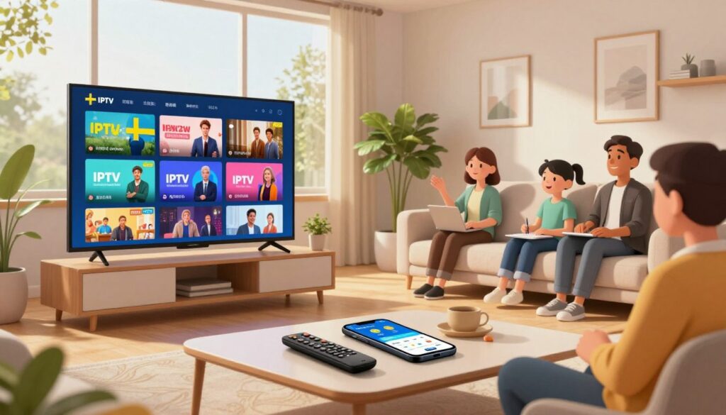 A modern living room with a sleek flat-screen TV displaying a vibrant array of Swedish IPTV channels, showcasing colorful and engaging content. In the foreground, a stylish coffee table holds a remote control and a smartphone with an IPTV app open. The middle ground features a comfortable couch with family members enjoying the viewing experience, dressed in casual, professional attire. The background displays large windows allowing warm, natural light to flow in, creating a cozy atmosphere. The room is tastefully decorated with minimalistic furniture, and green indoor plants enhance the inviting feel. The overall mood conveys a blend of relaxation and technology, perfect for discussing IPTV providers in Sweden. A modern living room with a sleek flat-screen TV displaying a vibrant array of Swedish IPTV channels, showcasing colorful and engaging content. In the foreground, a stylish coffee table holds a remote control and a smartphone with an IPTV app open. The middle ground features a comfortable couch with family members enjoying the viewing experience, dressed in casual, professional attire. The background displays large windows allowing warm, natural light to flow in, creating a cozy atmosphere. The room is tastefully decorated with minimalistic furniture, and green indoor plants enhance the inviting feel. The overall mood conveys a blend of relaxation and technology, perfect for discussing IPTV providers in Sweden.