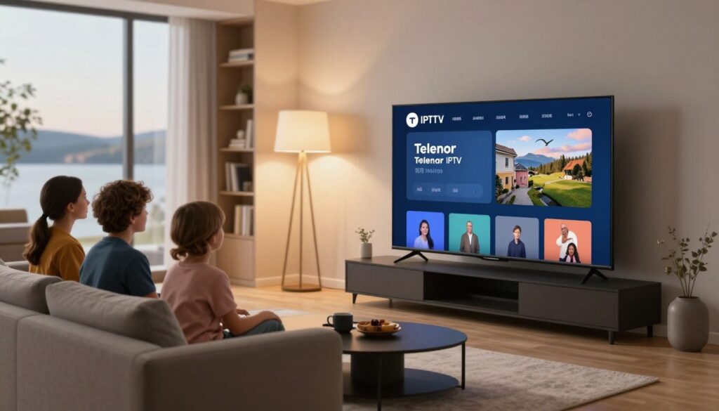 A modern living room with a sleek, minimalist design is depicted in the foreground, featuring a large, flat-screen smart TV showcasing the Telenor IPTV interface. Soft, warm lighting from stylish floor lamps creates a cozy atmosphere, emphasizing the comfort of home entertainment. In the middle ground, a family of three, dressed in casual yet stylish attire, sits on a contemporary sofa, engaged and watching television, portraying a moment of togetherness. The background shows a softly blurred bookshelf and a window with a view of a serene Swedish landscape, reflecting the tranquility of home life. The overall mood is inviting and warm, highlighting the convenience and enjoyment of IPTV in today's Swedish market.