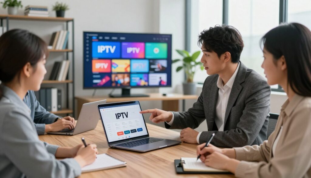 A modern, professional office setting featuring a group of diverse individuals engaged in a discussion about IPTV services. In the foreground, a man in a tailored suit points at a sleek laptop displaying a user-friendly interface of IPTV options. Beside him, a woman in smart casual attire takes notes on a tablet, appearing focused. In the middle ground, a large screen showcases various IPTV channels, creating a vibrant and informative atmosphere. The background includes a stylish office space with shelves of tech books, plants for a fresh touch, and large windows allowing natural light to flood in, creating a warm and inviting mood. Capture the essence of teamwork and evaluation in the modern digital age, with a slight focus on technology and professionalism.