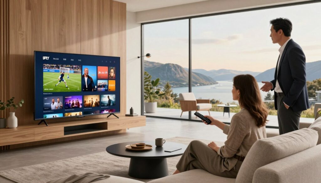 A modern, sleek living room setting featuring a large flat-screen television displaying colorful IPTV interface elements, showcasing various genres like sports, movies, and documentaries. In the foreground, a professional-looking middle-aged woman wearing smart casual clothing sits on a stylish sofa, intently holding a remote control, while a man in business attire stands nearby, discussing choices. The background includes a Nordic-inspired design with minimalist furniture, wooden accents, and a panoramic window revealing a stunning Scandinavian landscape bathed in soft, natural daylight. The atmosphere is engaging and modern, reflecting a hub of digital entertainment decision-making. Capture this scene with a warm, inviting tone using a wide-angle lens for depth and clarity.