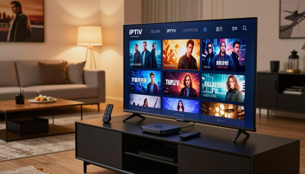 A modern, sleek living room setup featuring a large flat-screen TV displaying vibrant IPTV content. In the foreground, a stylish black entertainment unit holds various devices, like a streaming box and remote control, emphasizing technology and connectivity. The middle ground features a comfortable couch with cozy throw pillows and a warm coffee table, creating an inviting atmosphere. In the background, soft, ambient lighting casts a cozy glow, highlighting a wall adorned with digital art of film and entertainment scenes. The scene should evoke a sense of modern living and relaxation, with a focus on the enjoyment of IPTV services, photographed from a slightly elevated angle to capture the entire setting, ensuring a bright and engaging mood without any text or overlays.