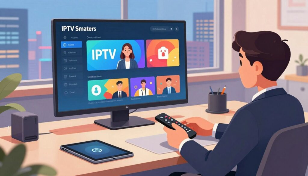A modern, sleek workspace showcasing a large screen displaying the IPTV Smarters interface, featuring colorful icons and streaming options. In the foreground, a professional individual in business attire, focused and engaged with the device, holding a remote control. The middle ground includes a stylish desk with modern technology, such as a high-end laptop and tablet, emphasizing the tech-savvy aspect of IPTV Smarters. The background reveals a vibrant cityscape through large windows, symbolizing connectivity and modernity. Soft, ambient lighting casts a warm glow, creating an inviting atmosphere. The camera angle captures the scene from a slightly elevated perspective, highlighting both the user and the technology, evoking a sense of innovation and industry standard.