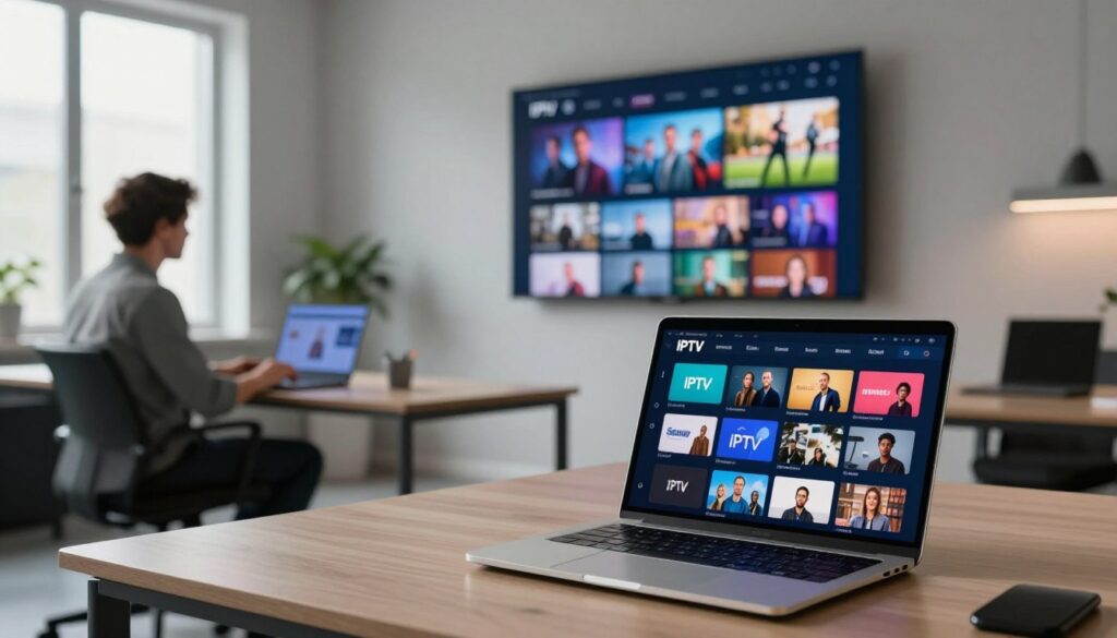 A modern tech workspace showcasing IPTV services in Sweden. In the foreground, a sleek laptop displays a vibrant IPTV interface, with visually appealing icons representing various channels. To the left, a stylishly dressed professional in business casual attire, deeply engaged in using the service. The middle ground features a large screen mounted on the wall streaming popular content, such as movies and sports, with ambient light subtly illuminating the room. In the background, a minimalist office decor adds a serene atmosphere. The mood is focused and contemporary, with soft natural light filtering through large windows, reflecting a sense of innovation in digital media technology. Use a wide-angle lens to capture the entire scene, emphasizing the integration of technology in everyday life.