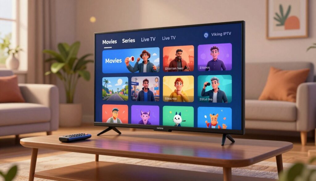 A modern user interface for Viking IPTV, showcasing a sleek, intuitive design. In the foreground, depict a smart television screen displaying a vibrant interface with categories like Movies, Series, and Live TV, beautifully arranged with colorful thumbnails. The middle ground features a stylish coffee table with a remote control, reflecting a cozy living room setup with soft lighting. The background includes a comfortable sofa and decorative elements such as plants and framed artwork, enhancing the homey atmosphere. The overall mood is inviting and modern, with warm lighting creating a relaxing ambiance, shot from a low angle to emphasize the screen and the life-like setting. Focus on clarity and detail, ensuring the image feels like a high-quality home environment designed for entertainment.