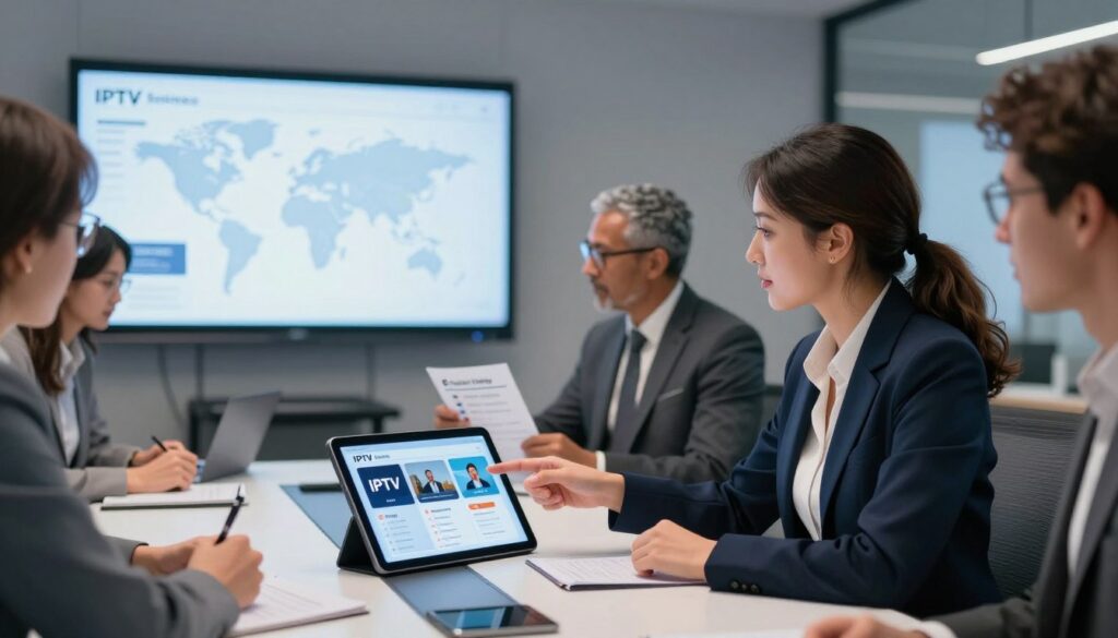 A professional and sleek office setting featuring a diverse group of people gathered around a modern conference table, intensely discussing IPTV services. In the foreground, a focused businesswoman in smart attire points to a sleek tablet displaying IPTV interface options. In the middle, a businessman checks off a checklist of features, such as 'Channel Variety' and 'Pricing'. The background showcases a large screen displaying a digital map of IPTV service providers, illuminated by soft, ambient lighting that creates a productive and collaborative atmosphere. The angle is slightly elevated, capturing both the engaged expressions of the participants and the high-tech environment, exuding a mood of innovation and decision-making. A professional and sleek office setting featuring a diverse group of people gathered around a modern conference table, intensely discussing IPTV services. In the foreground, a focused businesswoman in smart attire points to a sleek tablet displaying IPTV interface options. In the middle, a businessman checks off a checklist of features, such as 'Channel Variety' and 'Pricing'. The background showcases a large screen displaying a digital map of IPTV service providers, illuminated by soft, ambient lighting that creates a productive and collaborative atmosphere. The angle is slightly elevated, capturing both the engaged expressions of the participants and the high-tech environment, exuding a mood of innovation and decision-making.